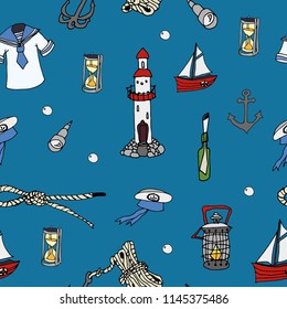 Seamless vector pattern with hand drawn sailing yachts and sea objects. Summer bright background for fabric design