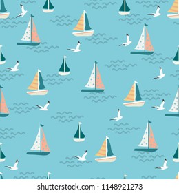 Seamless vector pattern with hand drawn sailing yachts and seagulls. S