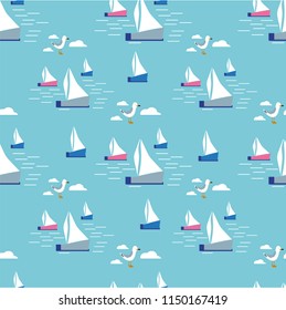 Seamless vector pattern with hand drawn sailing yachts and seagulls. Summer bright background for fabric design.