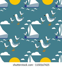 Seamless vector pattern with hand drawn sailing yachts and seagulls. Summer bright background for fabric design.