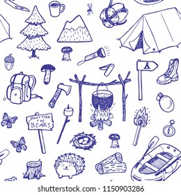 Seamless vector pattern with hand drawn doodle travel, camping equipment.