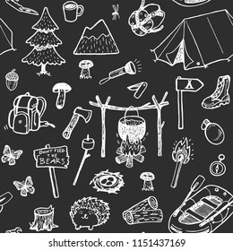 Seamless vector pattern with hand drawn doodle travel, camping equipment.