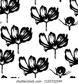 Seamless vector pattern with hand drawn cosmea flowers and blossoms in black and white palette for fashion t shirt, textile design, for all over printing. Digital block stamp style. 
