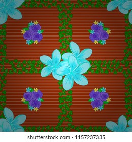 Seamless vector pattern with hand drawn floral elements. Silk scarf with plumeria flowers in green, orange and blue colors. 1950s-1960s motifs. Autumn colors. Retro textile design collection.