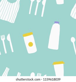 Seamless vector pattern with hand drawn reusable bag, cup, cutlery. Use less plastic concept
