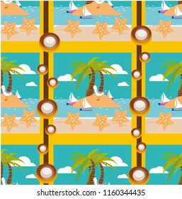 Seamless vector pattern with hand drawn sailing yachts and seagulls. Summer bright background for fabric design.