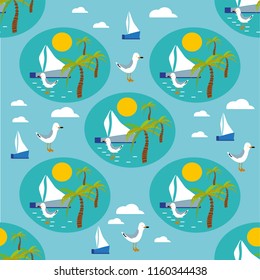 Seamless vector pattern with hand drawn sailing yachts and seagulls. Summer bright background for fabric design.