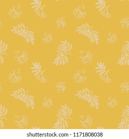 seamless vector pattern with hand drawn rowan berries and leaves. Sketched rowan branches in sunny tones on yellow background