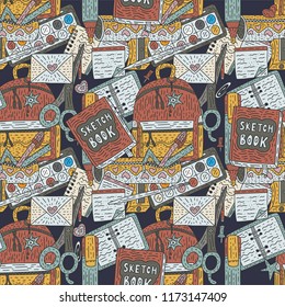 Seamless vector pattern with hand drawn doodle school supplies and stationery. Color vector card with drawing supplies - notebook; sharpener, bag, marker; paintbrush, and others.