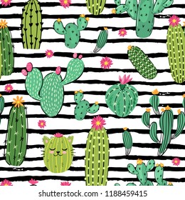 Seamless vector pattern with hand drawn vector desert cactus plants illustration