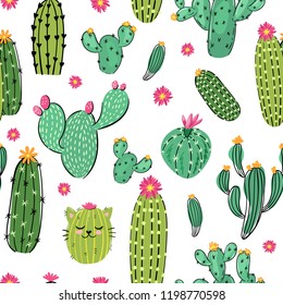 Seamless vector pattern with hand drawn vector desert cactus plants illustration on a white background