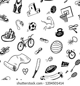 Seamless vector pattern with hand drawn fitness lifestyle, sport doodles