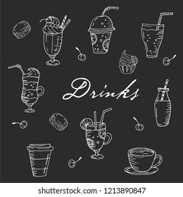 Seamless vector pattern with hand drawn drinks on a chalkboard background
