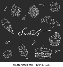 Seamless vector pattern with hand drawn sweets n a chalkboard background. Sketch of donut, cake, cupcake, waffle, croissant, ice cream
