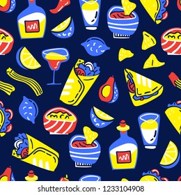 Seamless vector pattern with hand drawn Mexican food