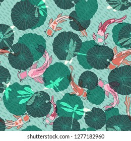 Seamless vector pattern with hand drawn Koi fish or Japanese carp, lotus leaves and transparent dragonflies in a modern, colorful style. Great for fabric, home decor, stationery, fashion accessories.