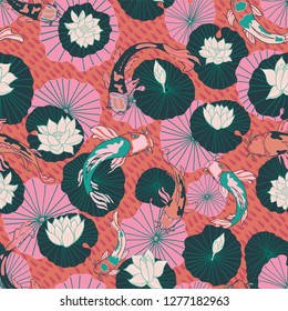 Seamless vector pattern with hand drawn Koi fish or Japanese carps and lotus pads in a modern, colorful graphic style. Great for fabric, home decor, stationery, fashion accessories.