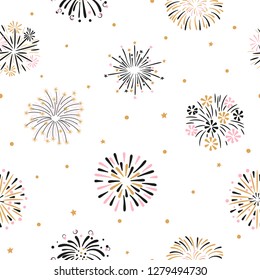 Seamless vector pattern with hand drawn fireworks.