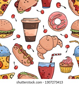 Seamless vector pattern with hand drawn food and drinks. color sketch on white background