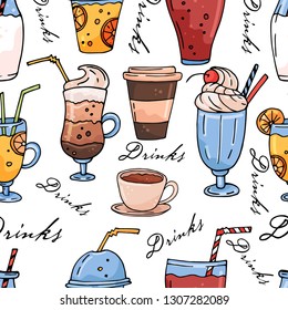 Seamless vector pattern with hand drawn drinks and letterung.