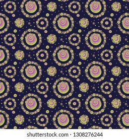 seamless vector pattern, hand drawn circles and rings on a dark background