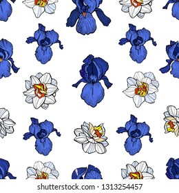 Seamless vector pattern with hand drawn irises and narcissus on white background. Beautiful spring texture. 
