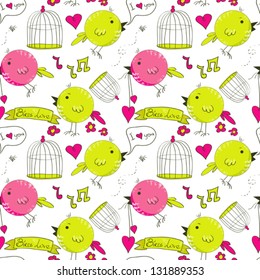 Seamless vector pattern with hand drawn birds on white background