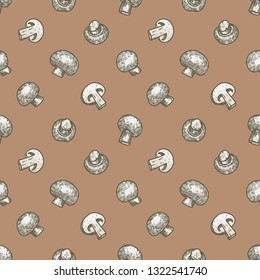 Seamless vector pattern Hand drawn illustration sketch style champignon mushroom composition. Farm fresh background. Doodle healthy food Funny wallpaper for textile and fabric