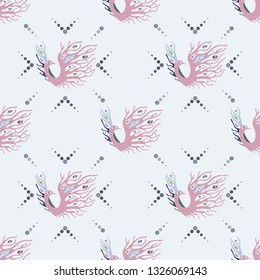 Seamless vector pattern, hand drawn decorative background with cute birds. Pastel mono color, repeating template for wallpaper, fabric, packaging, Graphic design, beautiful illustration.