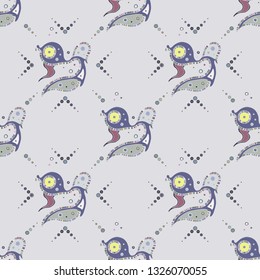 Seamless vector pattern, hand drawn decorative background with cute fish. Pastel mono color, repeating template for wallpaper, fabric, packaging, Graphic design, beautiful illustration.