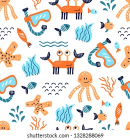 Seamless vector pattern with hand drawn elements of sea life