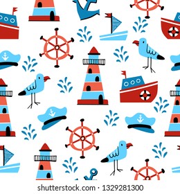 Seamless vector pattern with hand drawn elements of sea life