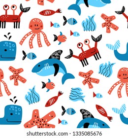 Seamless vector pattern with hand drawn elements of sea life