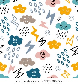 Seamless vector pattern with hand drawn clouds, raindrops and lightning