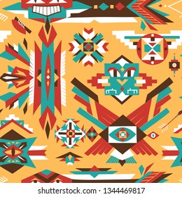 Seamless Vector Pattern with Hand Drawn Native American Traditional Ornaments