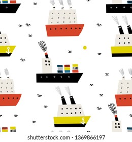 Seamless vector pattern with hand drawn sea ships and seagulls. Summer bright background for fabric design. Scandinavian style.