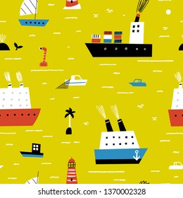 Seamless vector pattern with hand drawn sea ships and seagulls. Summer bright background for fabric design. Scandinavian style.