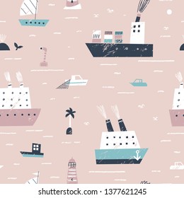 Seamless vector pattern with hand drawn sea ships and seagulls. Summer bright background for fabric design. Scandinavian style.