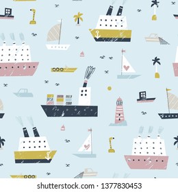 Seamless vector pattern with hand drawn sea ships and seagulls. Summer bright background for fabric design. Scandinavian style.