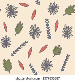 Seamless vector pattern with hand drawn leaves and flowers. Simple floral texture. Stylish seasonal background in green, blue and red. Isolated vector illustration.