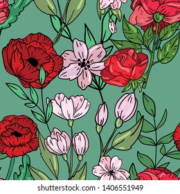 Seamless vector pattern with hand drawn flowers, roses and  poppy on green background. Spring bouquet illustration.  Good for printing. Wallpaper, fabric and textile idea. Wrapping paper design. 