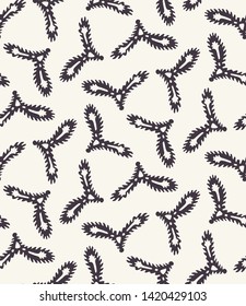 Seamless vector pattern. Hand drawn seed leaf branch. Repeating simple nature background. Monochrome surface design textile swatch, modern black white wallpaper. Hipster minimal style all over print.
