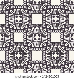 Seamless vector pattern. Hand drawn mosaic tile shapes. Repeating geo floral background. Monochrome surface design textile swatch, modern daisy black white wallpaper, arabic turkish all over print