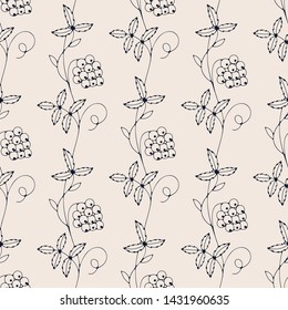 seamless vector pattern with hand drawn vintage branches with berries. seamless template in swatch panel. design for food industry, textile, print