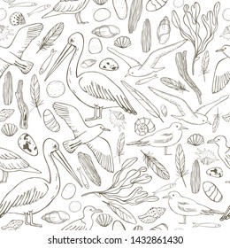 Seamless vector pattern with hand drawn seagulls and pelicans.