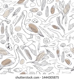 Seamless vector pattern with hand drawn seagulls and pelicans.