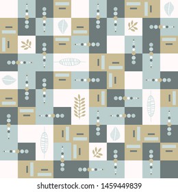Seamless vector pattern. Hand drawn leaf geometric mosaic grid. Modern all over print. Nature retro swatch