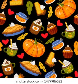 Seamless vector pattern with hand drawn drinks, pumpkin pie, sweets and pastry, leaves. Autumn holidays and thanksgiving day illustration in doodle style