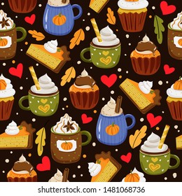 Seamless vector pattern with hand drawn drinks, slice of pumpkin pie, sweets and pastry, leaves. Autumn holidays and thanksgiving day illustration in doodle style