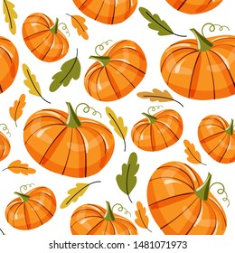 Seamless vector pattern with hand drawn pumpkins and leaves. Autumn holidays and thanksgiving day illustration in doodle style